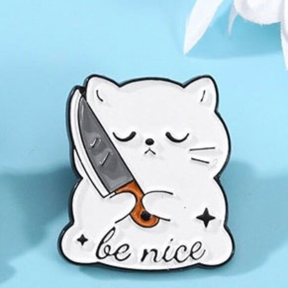 Set of 2 Say That Again Cat With Knife Enamel Lapel Pin Be Nice White Cat Pin - Picture 7 of 11